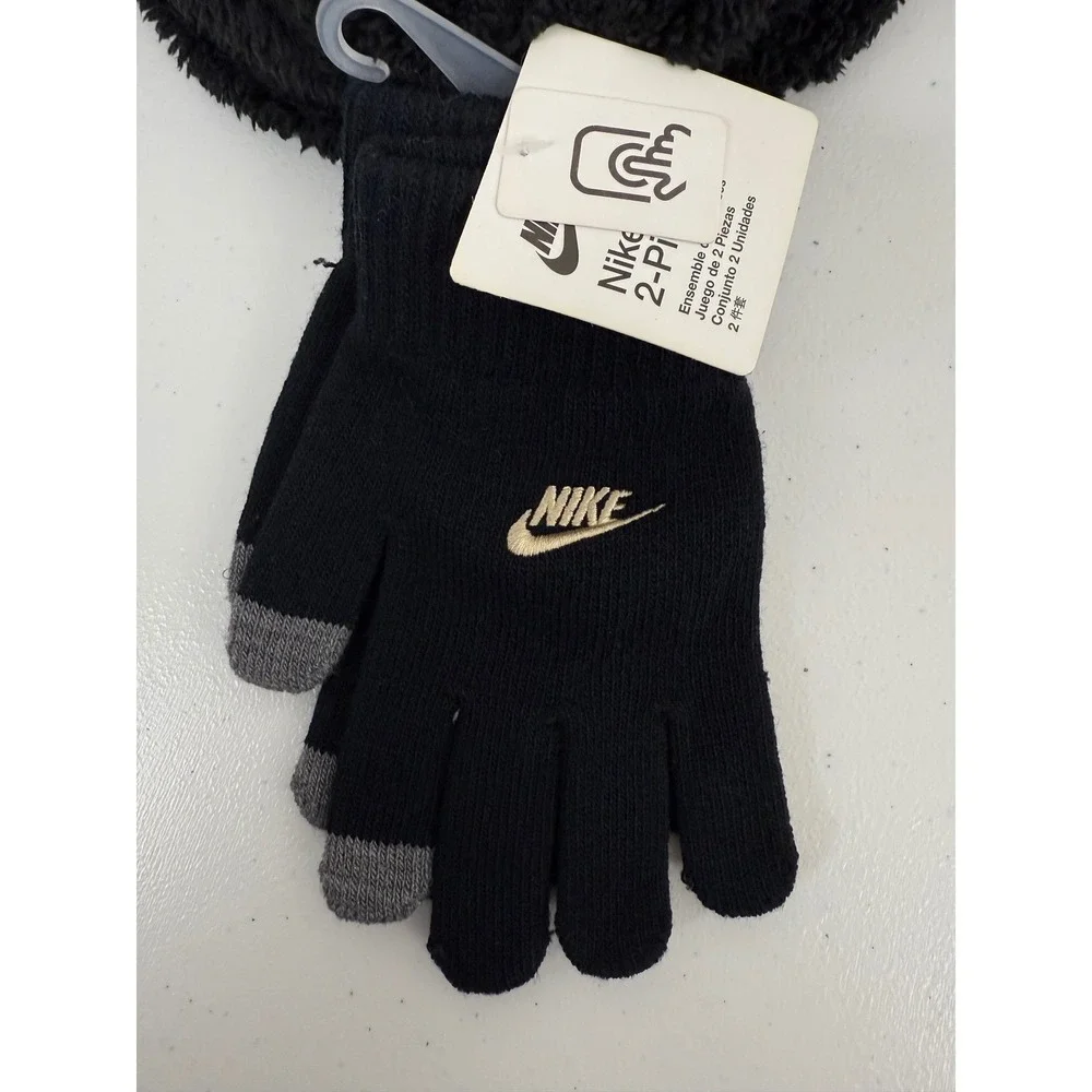 Nike Cozy Peak Kids Black Beanie Hat and Gloves Set Winter Warm‎ Unisex 2 PC SET
